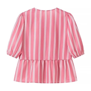 Short sleeve pink and white vertical striped blouse with V-neck and peplum hem for women