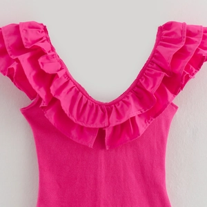 Women's Deep V-Neck Ruffle Sleeveless Bodysuit Magenta Rib-Knit Slim Fit Jumpsuit For Summer Party Clubwear