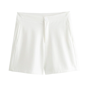 Close-up of white high-waisted tailored shorts featuring button closure and side pockets