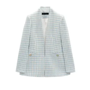 Women Elegant Blue White Houndstooth Tweed Blazer Collarless Slim Fit Long Sleeve Jacket With Decorative Artificial Pearl Buttons Office Coat