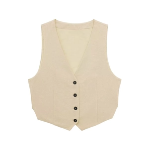Women's beige linen vest suit with V-neckline and four black buttons on white background