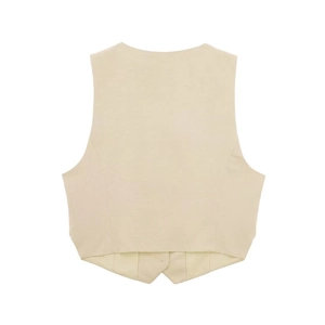 Back view of a light beige sleeveless linen vest featuring a minimalist career casual cut