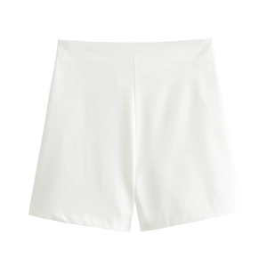 Detail view of high-waisted white dress shorts with smooth fabric and minimalist A-line cut