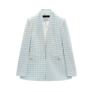 Women's slim fit houndstooth blazer in blue and white with elegant pearl buttons