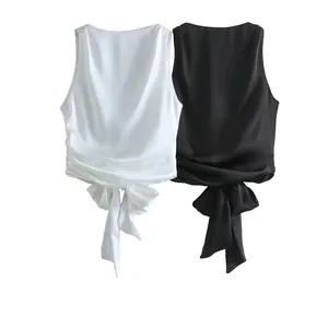 Women Satin Backless Vest Top Large Bow Tie Back Sleeveless Round Neck Elegant Summer Tank Top Streetwear Fashion