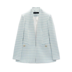 Women's blue houndstooth blazer with a slim fit and decorative pearl buttons