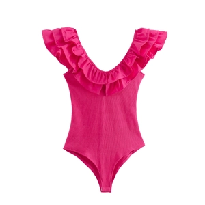 Fuchsia flemish-trimmed bodysuit in ribbed fabric for women with ruffled V-neckline detail