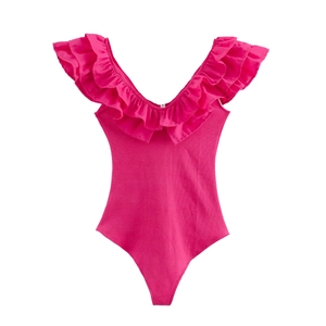 Summer rose red ruffled sleeveless romper with ribbed texture and deep V-neckline