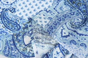 Detailed macro view of the blue paisley pattern fabric and quality stitching of the set