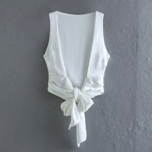 Elegant white satin backless crop top with oversized bow tie detail for women