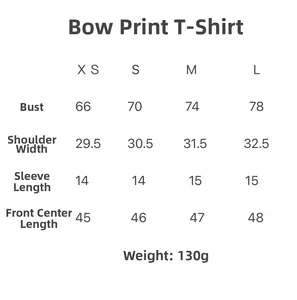Tableau des tailles pour T-shirt à motif nœud avec mesures de XS à L en centimètres