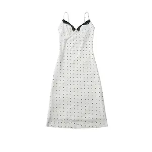 Abito da Donna a Pois con Spalline Sottili Pizzo Scollo a V Senza Maniche Estivo Midi per Vacanza Appuntamenti Casual