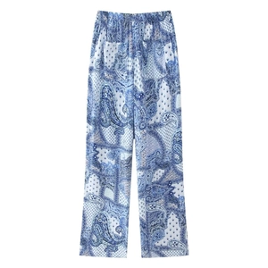 Women's summer paisley print loose trousers with comfortable elastic waist in blue and white