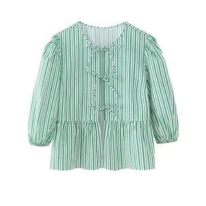 Haut à Basque à Rayures Verticales pour Femmes Col Rond Noeud à Lacets Manches Bouffantes Ourlet à Volants Blouse Décontractée Vert
