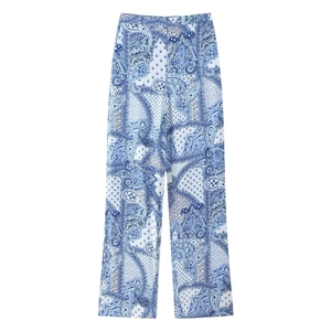Women's summer paisley print wide-leg trousers in blue and white bohemian style