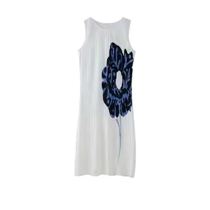 Women's Sleeveless Pleated A-Line Maxi Dress Polyester Round Neck Abstract Floral Print Artistic Summer Long Dress