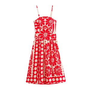 Women's summer floral cami maxi dress in red and white with polka dot A-line silhouette