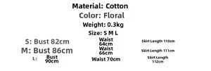 Tableau des tailles pour robe d'été en coton à fleurs avec mesures buste et taille