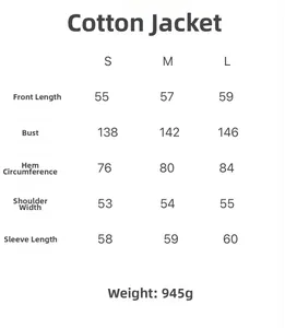 Detailed size chart for women's padded faux leather jacket with S, M, L dimensions