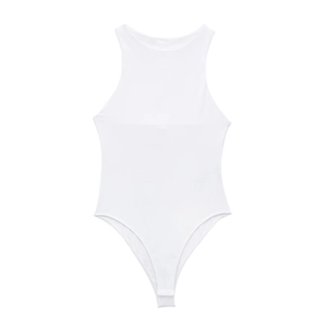 Close-up of white ribbed halter neck bodysuit with snap closure and high-cut leg