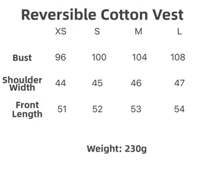Guide des tailles détaillé pour le gilet réversible en coton à fleurs du XS au L