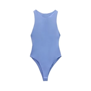 Detail of the halter neck sleeveless periwinkle blue bodysuit with high cut leg design
