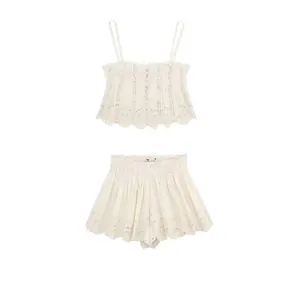 Sexy White Eyelet Lace Embroidery Camisole Crop Top And High Waisted Scalloped Edge Shorts Bohemian Summer Outfits