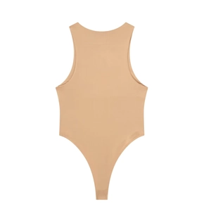 Flat lay of basic beige sleeveless halter neck bodysuit with high-cut leg on white background