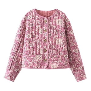 Veste matelassée fleurie pour femme en violet, style vintage en coton avec boutons