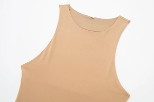Close-up of the round neckline and fabric texture of a khaki sleeveless bodysuit