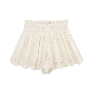 Beige cotton blend shorts with floral lace embroidery and elastic waistband