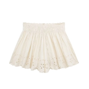 Women's cream cotton eyelet embroidered shorts with elastic smocked waist and lace detail