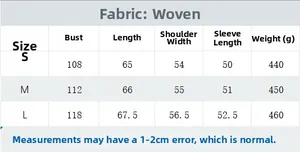 Größentabelle für bedruckte Damen-Baumwolljacke mit Maßen für Brust, Länge und Gewicht