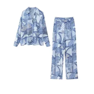 Women Casual Paisley Printed Top And Bottom Set Polyester Long Sleeve Lapel Shirt And Wide Leg Long Pants Set