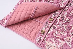 Détail de la veste matelassée vintage à fleurs avec doublure rose et boutons ronds