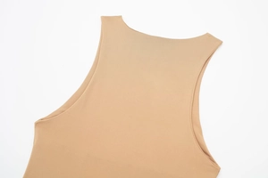 Close-up of the smooth neckline and elastic khaki fabric on the sleeveless bodysuit