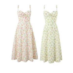 Vestito a Fiori Stile Francese Scollo a Cuore Gonna a Trapezio Lunghezza Midi Donna Casual Estate Cotone Senza Maniche