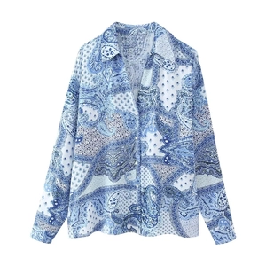 Women's 2024 blue paisley print long sleeve shirt with vintage button-down design
