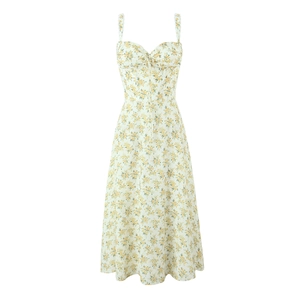 Abito midi floreale francese con scollo a cuore e coulisse in giallo e bianco