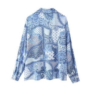 Women's 2024 paisley print shirt and pants set with blue and white casual style back view