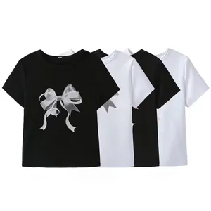 T-Shirt Décontracté En Mélange De Coton Pour Femmes Col Rond Manches Courtes Imprimé Nœud Aspect Satin Top Mode Femme