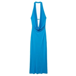 Elegant royal blue halter cowl neck pleated midi dress in high stretch fabric