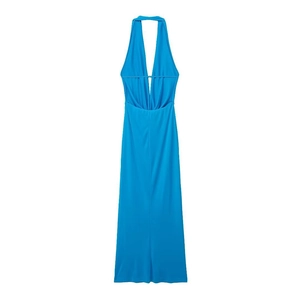 Detail of royal blue halter neck maxi dress featuring open back design and sleek fabric