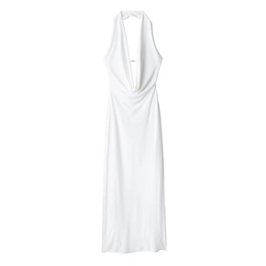 Elegant white halter neck dress with deep V-neck and ruched drape detail for women