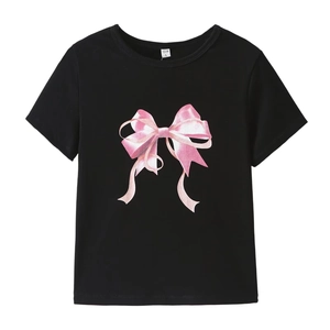 T-shirt noir femme à col rond avec motif imprimé de nœud en soie rose en 3D
