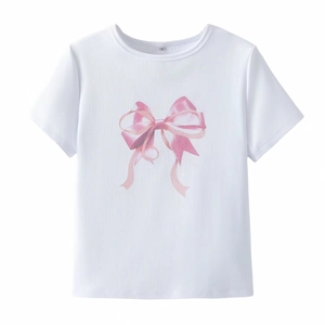 T-shirt blanc en coton pour femme avec un grand imprimé nœud rose aquarelle devant