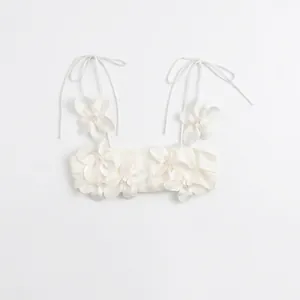 Women Elegant White Satin Camisole Top With 3D Floral Decoration Adjustable Tie Straps Slim Fit Sexy Party Crop Top