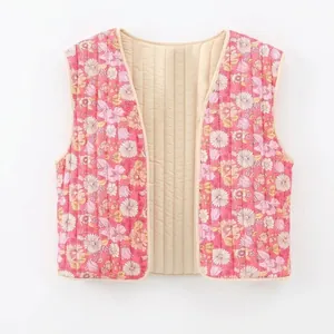 Gilet Matelassé Réversible pour Femme Imprimé Floral Vintage Sans Manches Rembourré Taille Gilet Imprimé Fleurs Décontracté Col en V
