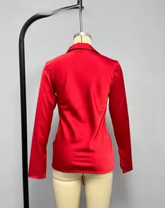 Rear view of sleek red satin long-sleeve shirt with elegant silk-like sheen and slim fit