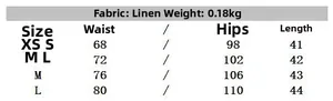 Size chart for linen vest showing waist and hip measurements in a detailed table